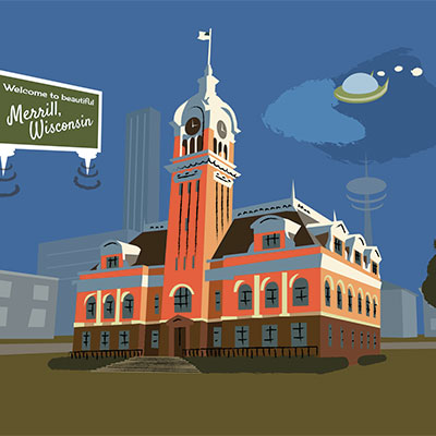 "Future Merrill 1" postcard series for promoting Merrill, WI, Illustrator - Design, Design Direction